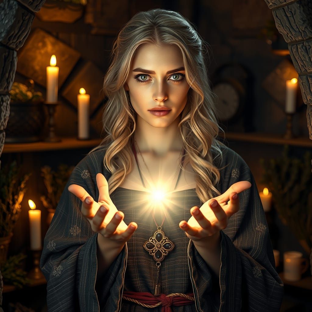 Medieval Healer Woman Casting Magic in Apothecary