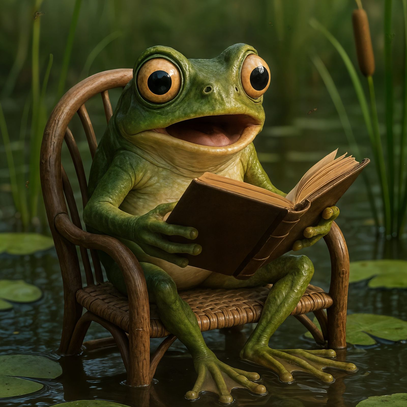 Surprised Frog Reads a Novel in Pond: CGI Art
