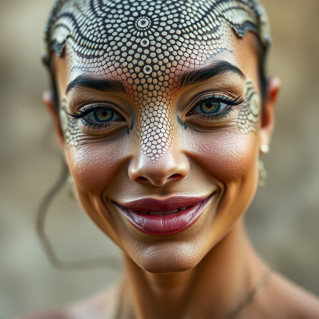 Beautiful Woman with Lizard Skin Smiling