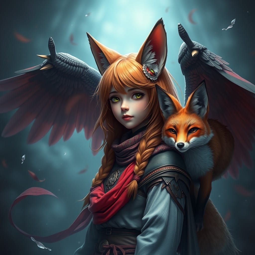 Girl with Whimsical Wings and Furry Ears in Fantasy Landscap...