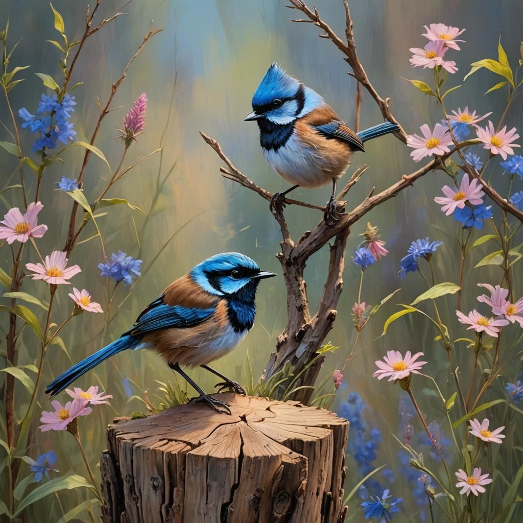 Fairy Wren on Stump in Dreamy Ethereal Style