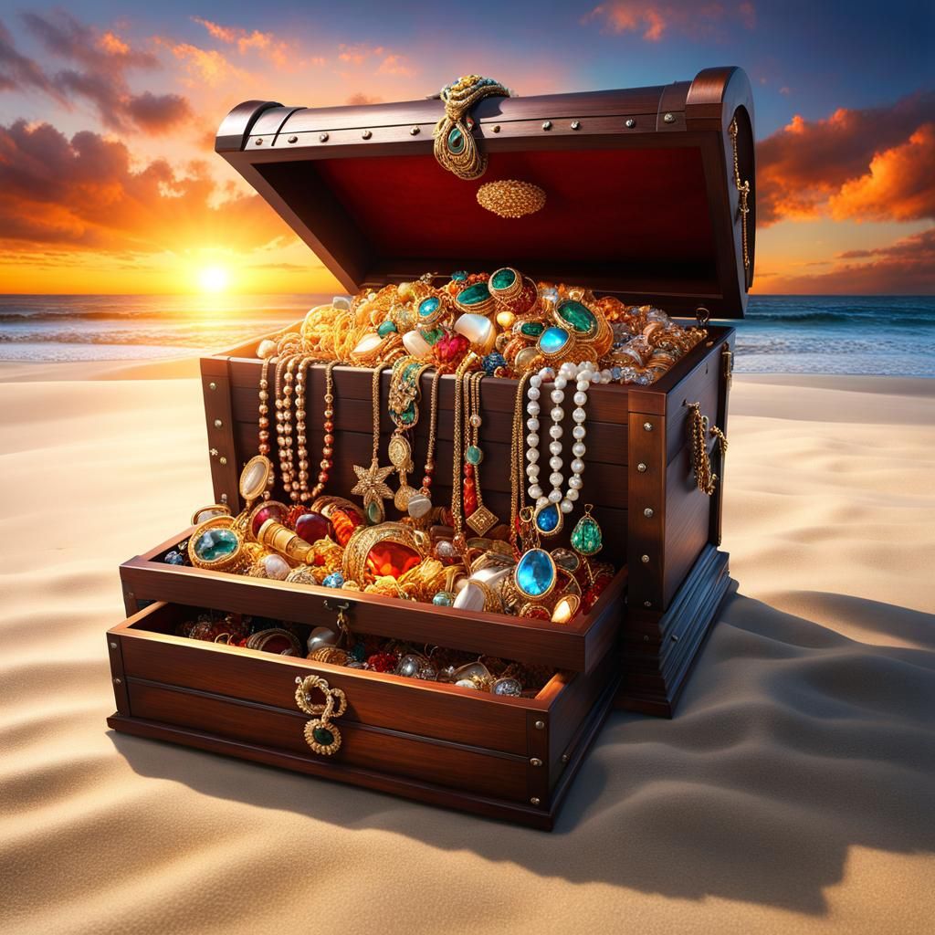 Beachside Chest Overflowing with Precious Jewels in Sunset L...