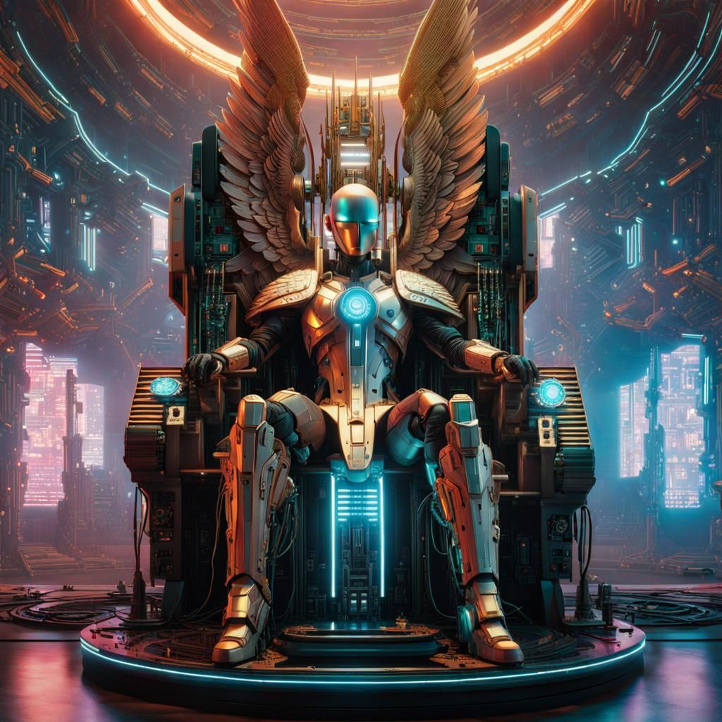 Cyborg Angel on Circuit Throne, Digital Art