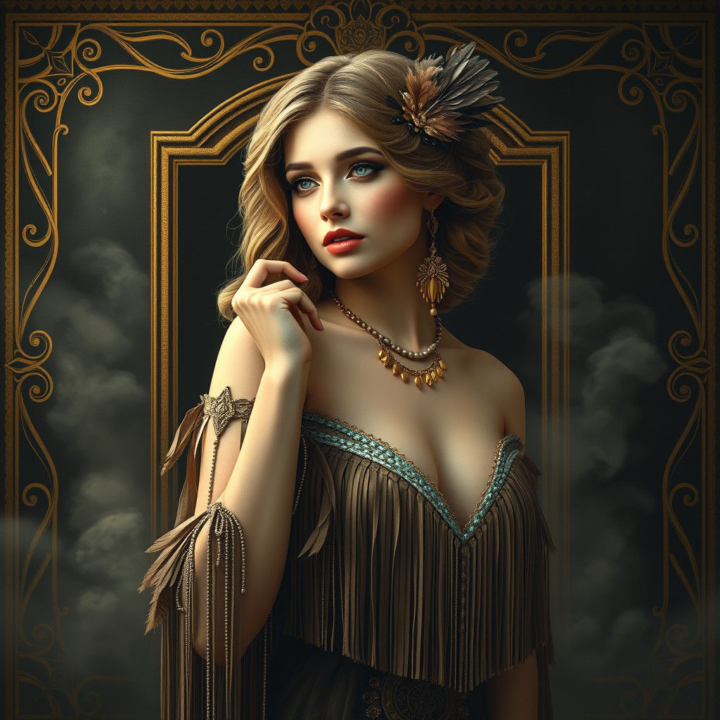 Vintage Woman in Art Deco Frame, Dreamlike Portrait
