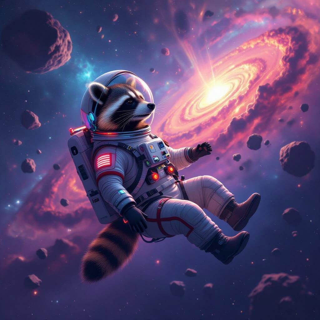 Raccoon Astronaut in Nebula, Hyperrealistic Digital Art