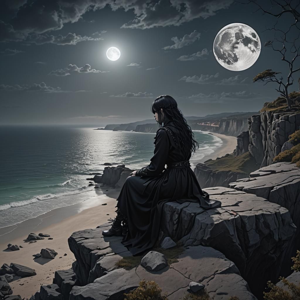 Goth Girl Contemplates Beach Under Full Moon