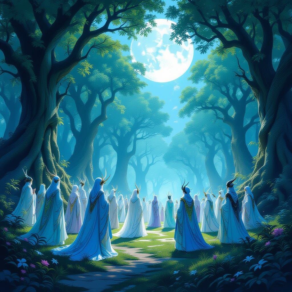 Fantasy Creatures Gathering in Moonlit Forest Clearing