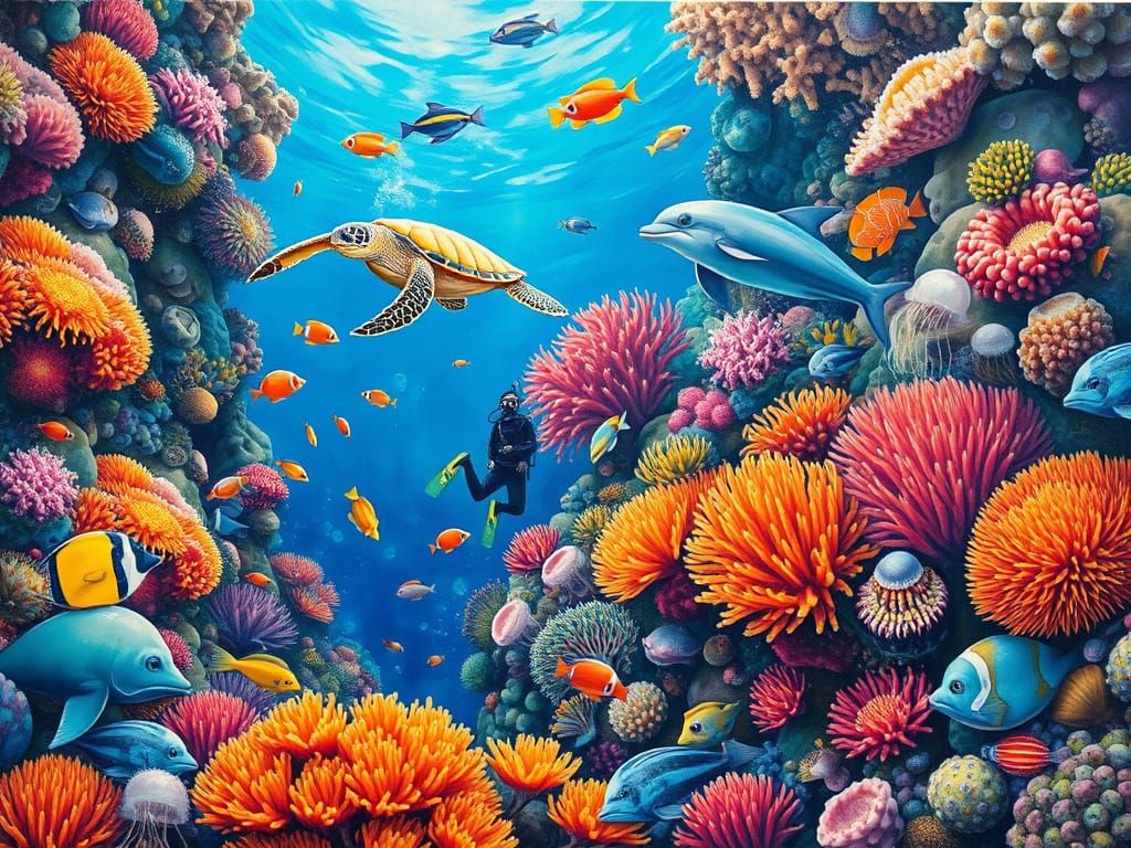 Lively Coral Reef Scene with Sea Turtle, Gouache Style
