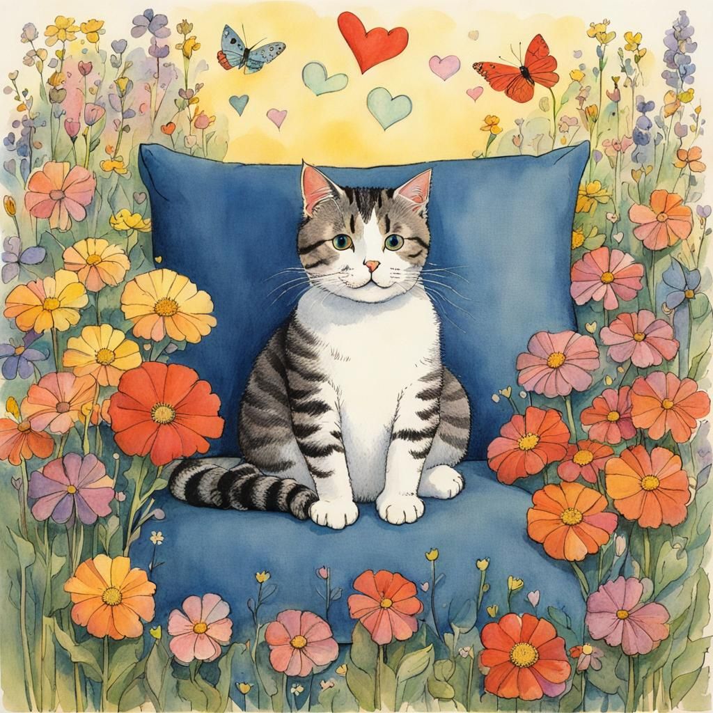 Cute Cat Surrounded by Flowers in Whimsical Style