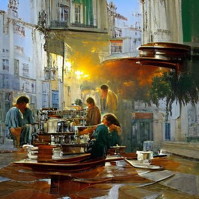 Lisbon Morning Cafe in Oil Painting Style