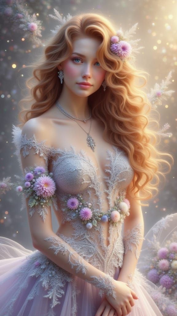 Ethereal Fantasy Woman in Lavender and Silver Gown