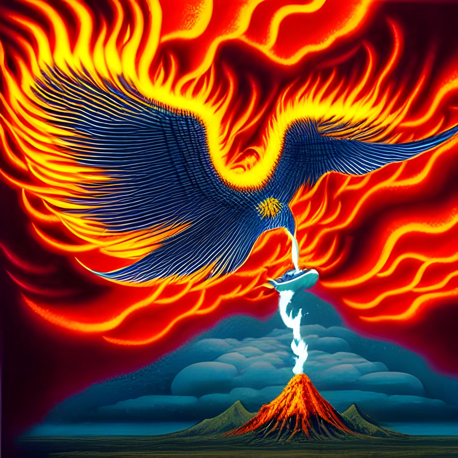 Fiery Phoenix Soaring Near Erupting Volcano
