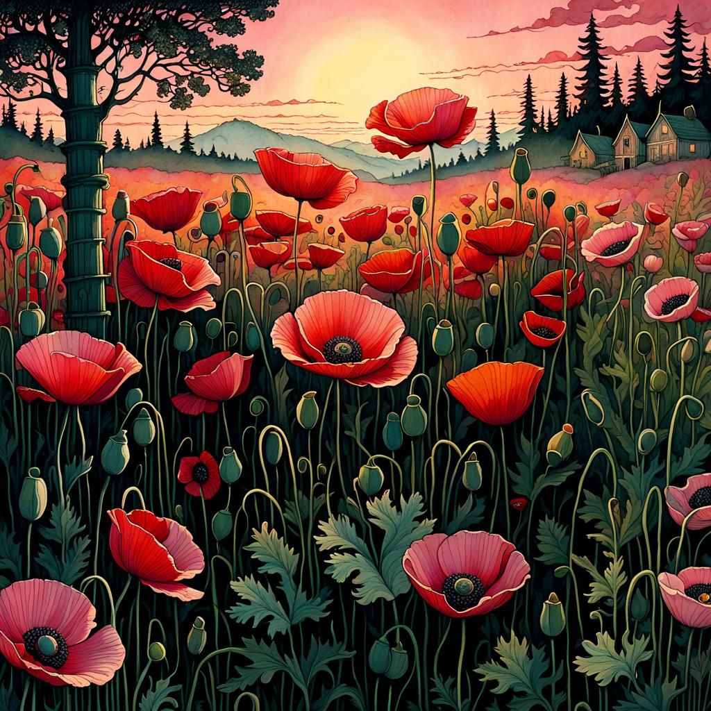 Poppies in Pink Evening Light, Hyperrealistic Illustration
