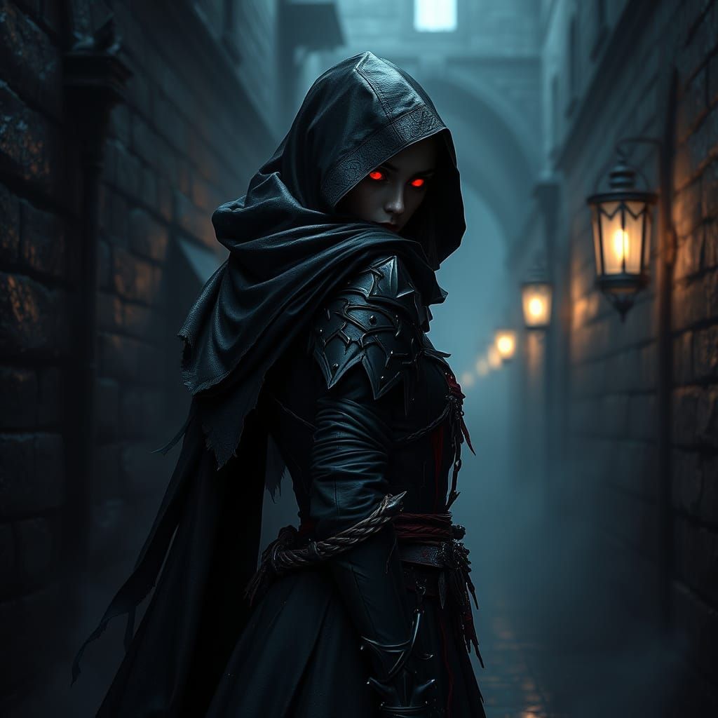 Dark Fantasy Assassin in a Gothic Alleyway