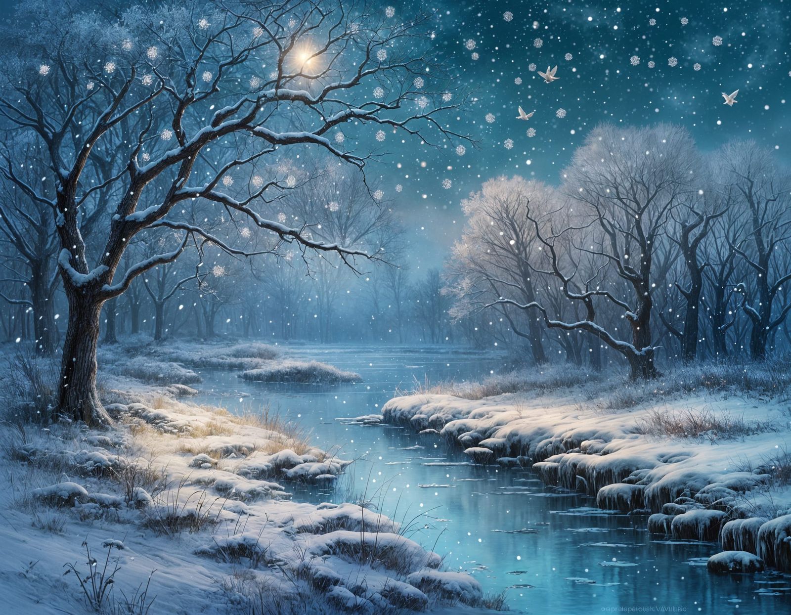 Surreal Winter Dreamscape in Watercolor Style