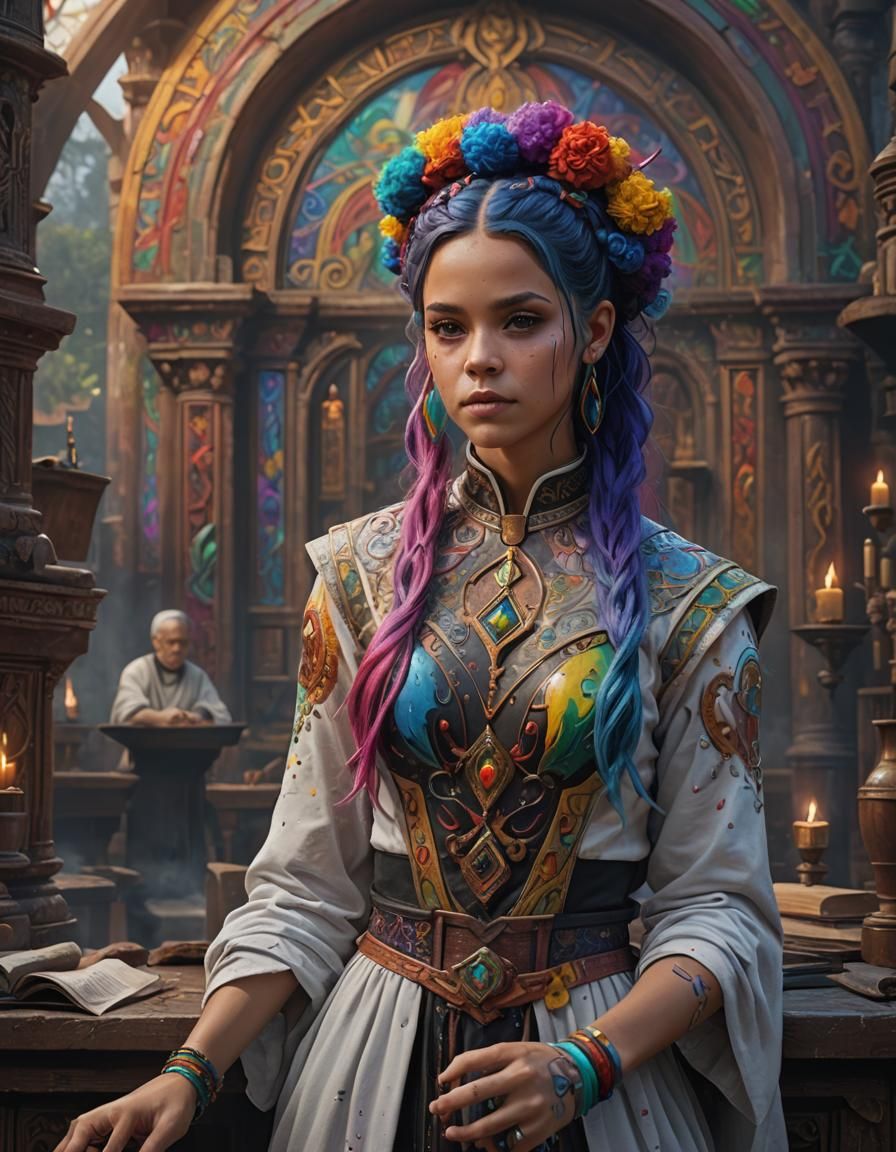 Rainbow Haired Priestess in Detailed Matte Painting