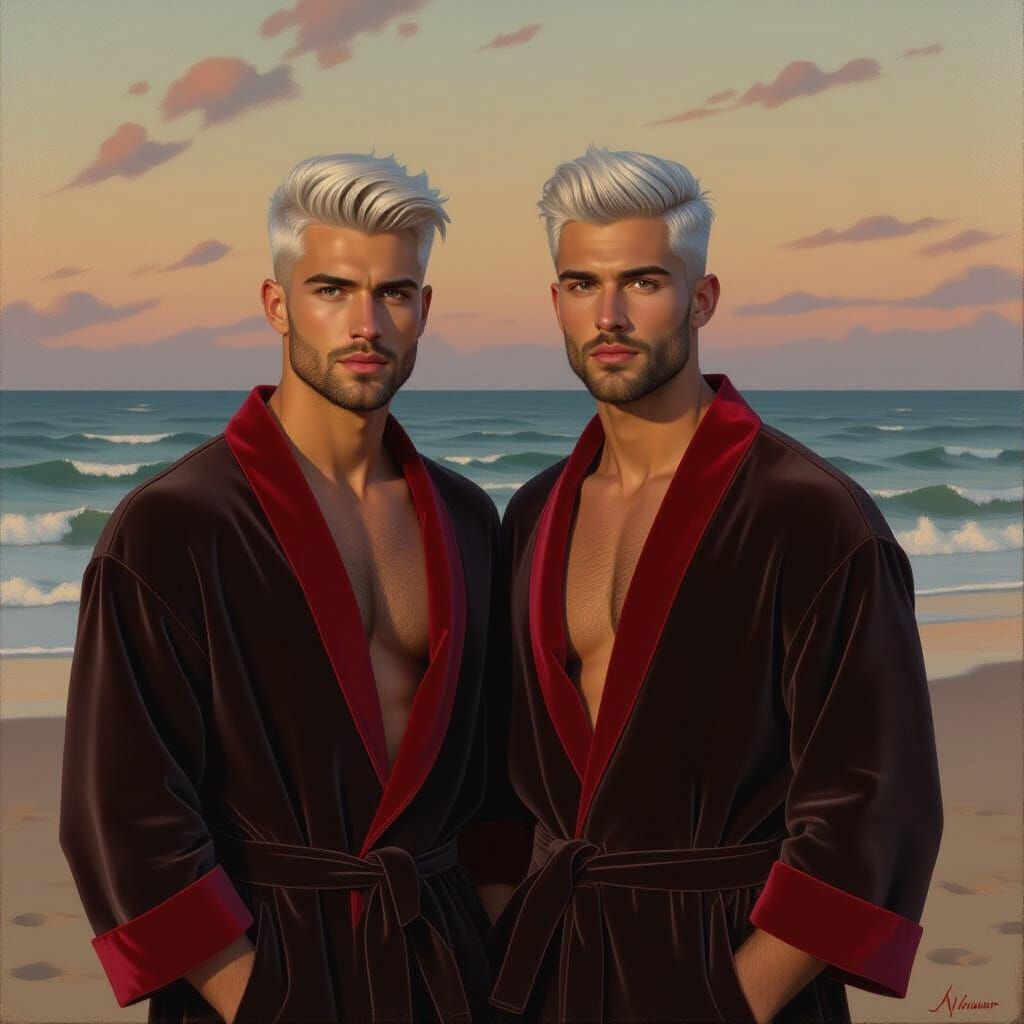 Impressionist Beach Portrait: Men in Velvet Robes