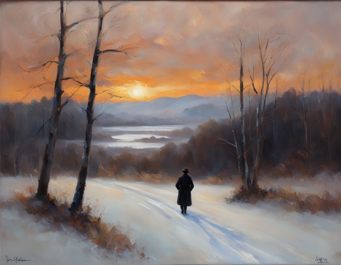 Winter River Landscape in Impressionist Style