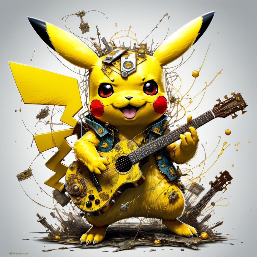 Biopunk Pikachu Pokemon Playing Guitar