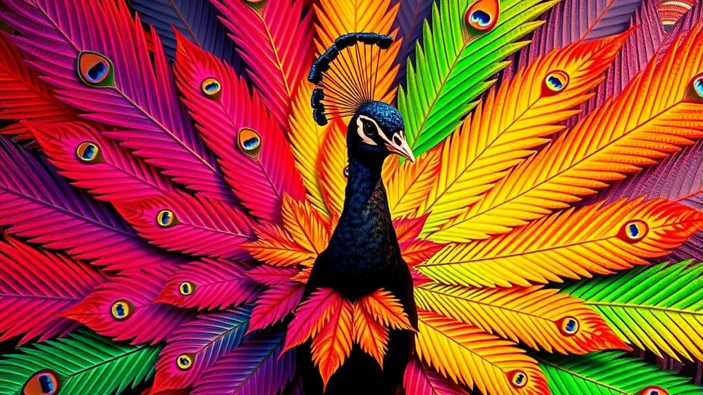 Majestic Peacock in Vibrant Cannabis Feathers with Iridescen...