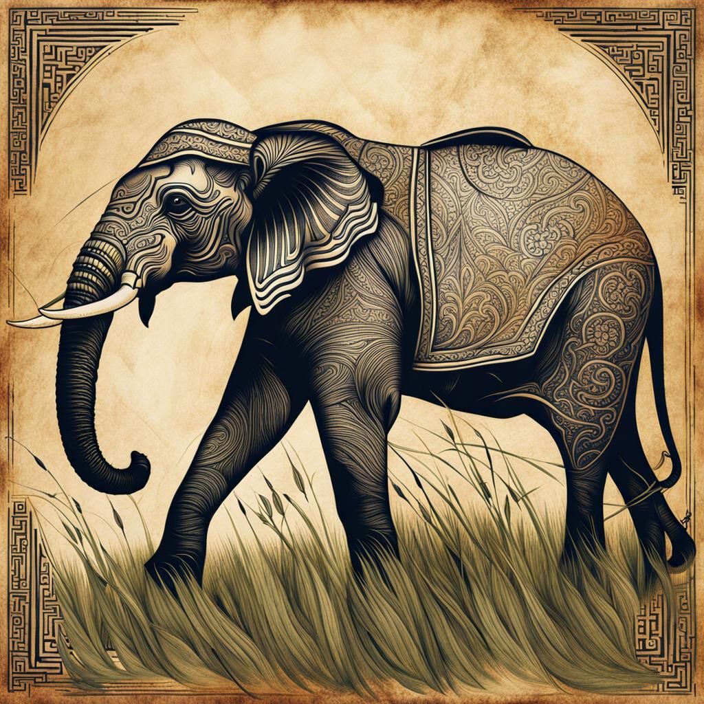 Majestic Elephant in Grassland: Calligraphic Ink Drawing