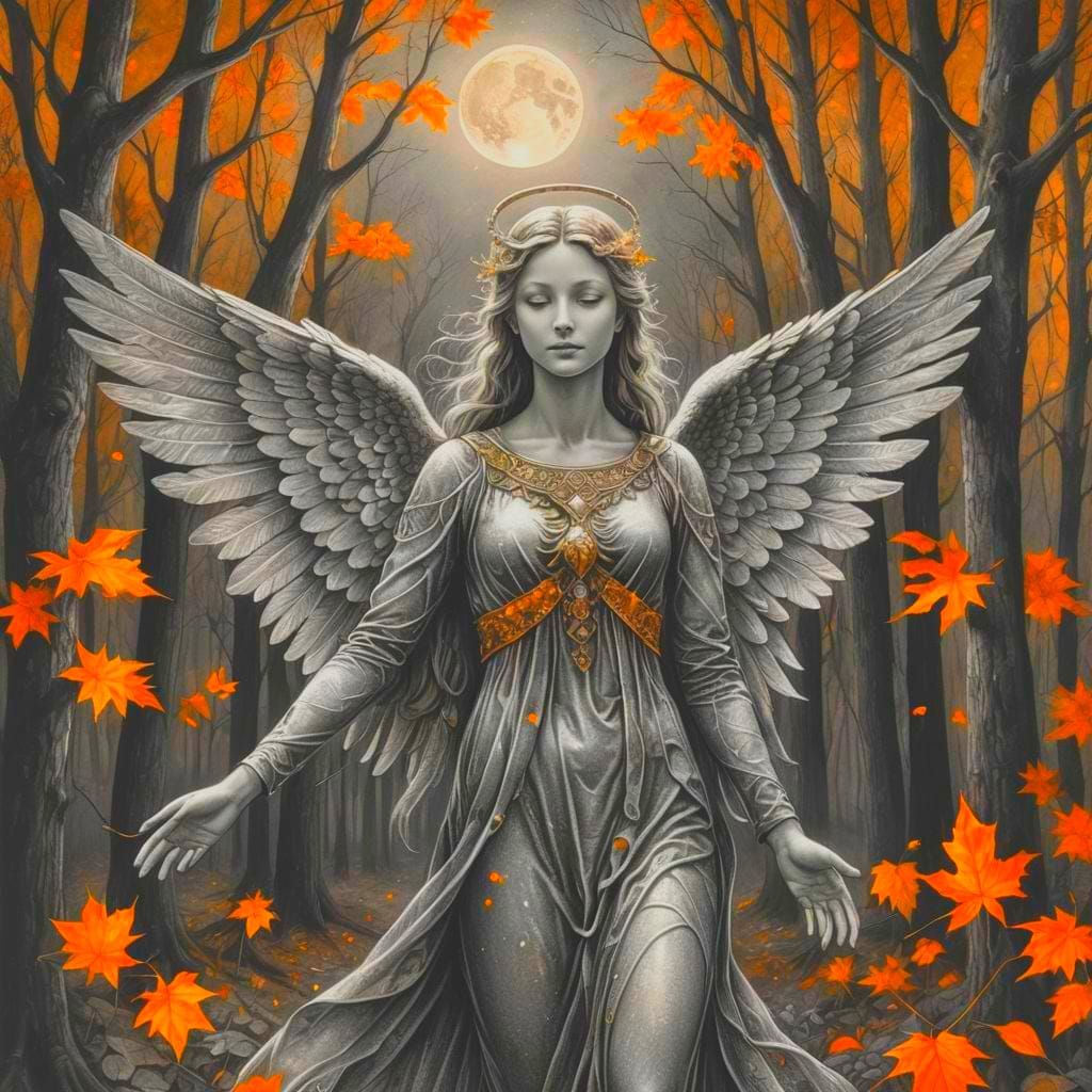 Autumn Angel with Glittering Wings in Forest