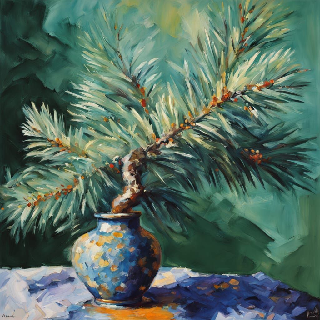 Impressionist Pine Branch Masterpiece with Textured Gouache
