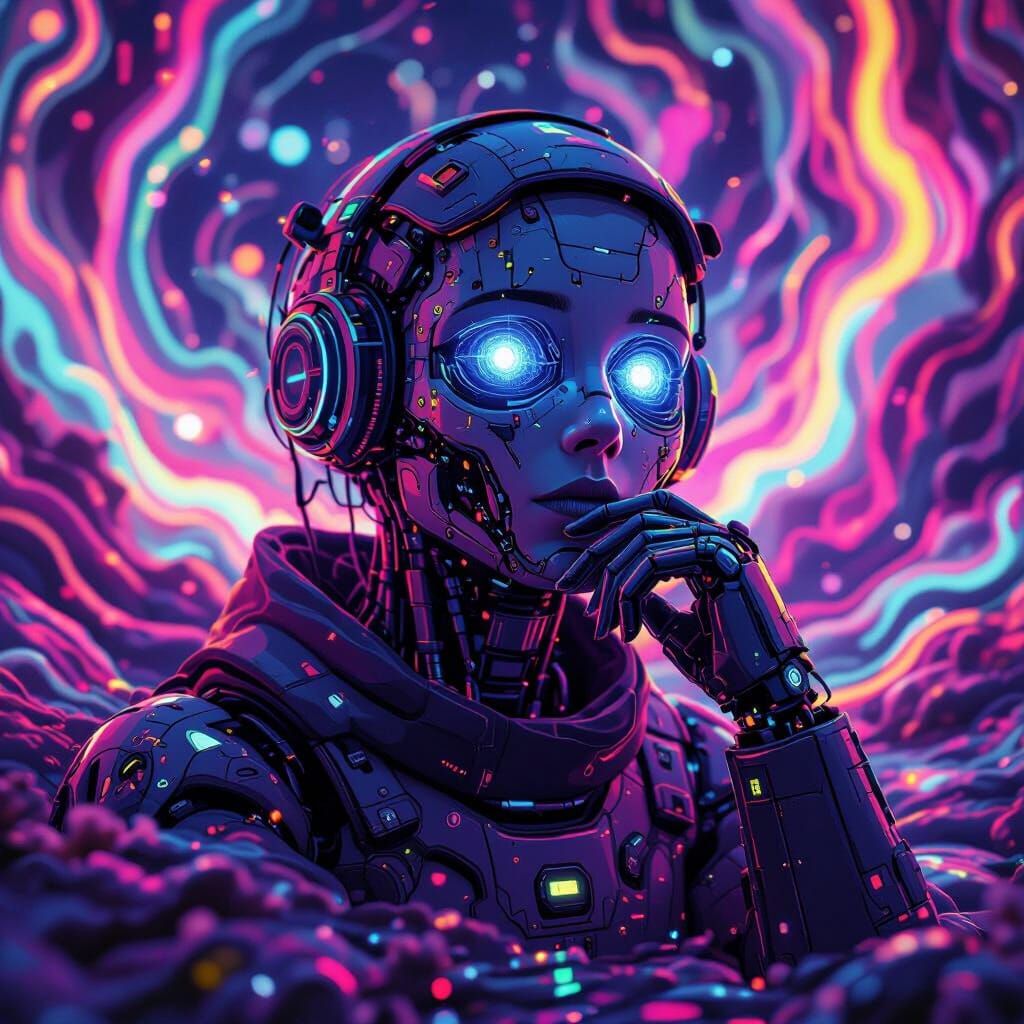 Sentient AI Reflects Cosmos in Neon Colors