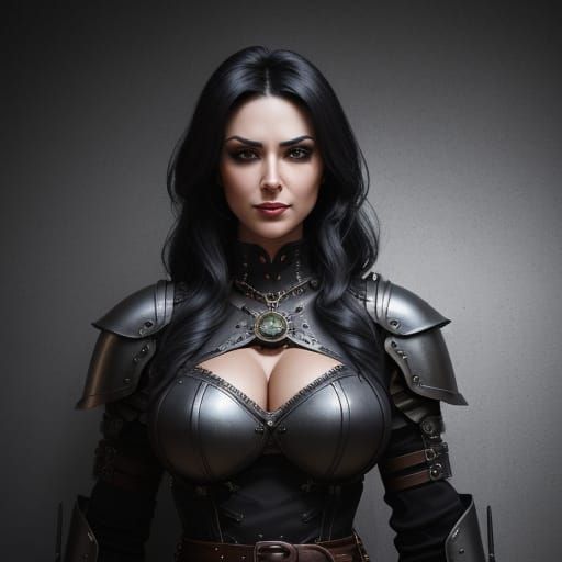 Steampunk Elvira as Medieval Knight in Industrial Fantasy