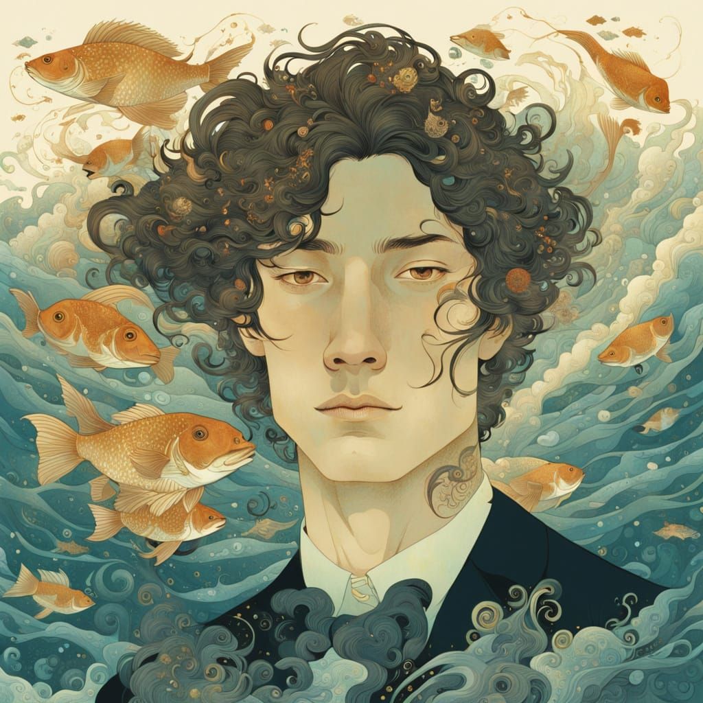 Handsome Ocean God with Fish and Zodiac Symbol