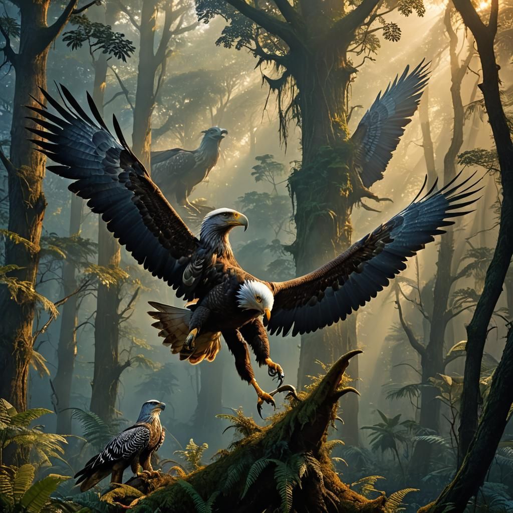 Eagle, Dinosaur, and Zebra in Dreamlike Forest