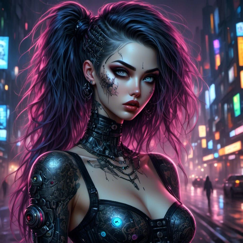 Gothic Cyberpunk Woman with Twinkling Eyes