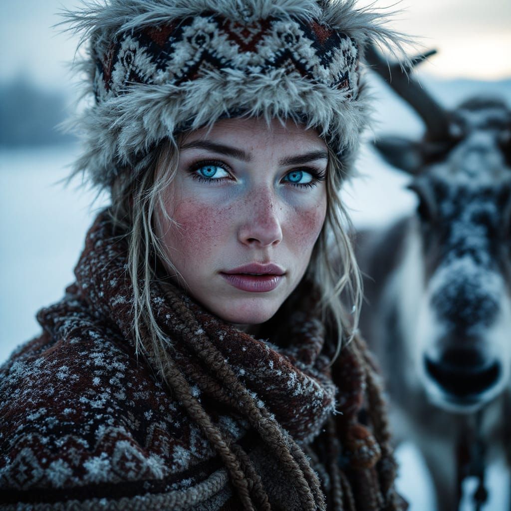 Sami Portrait with Reindeer on Frosty Tundra