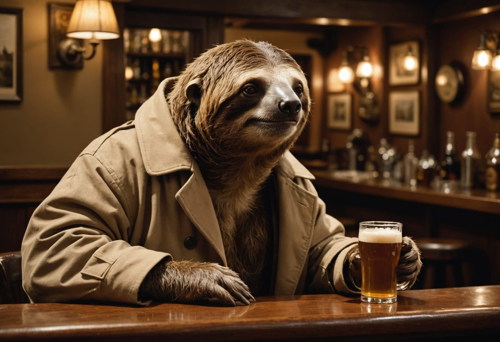 Sleepy Sloth Enjoys Beer at Cozy Pub