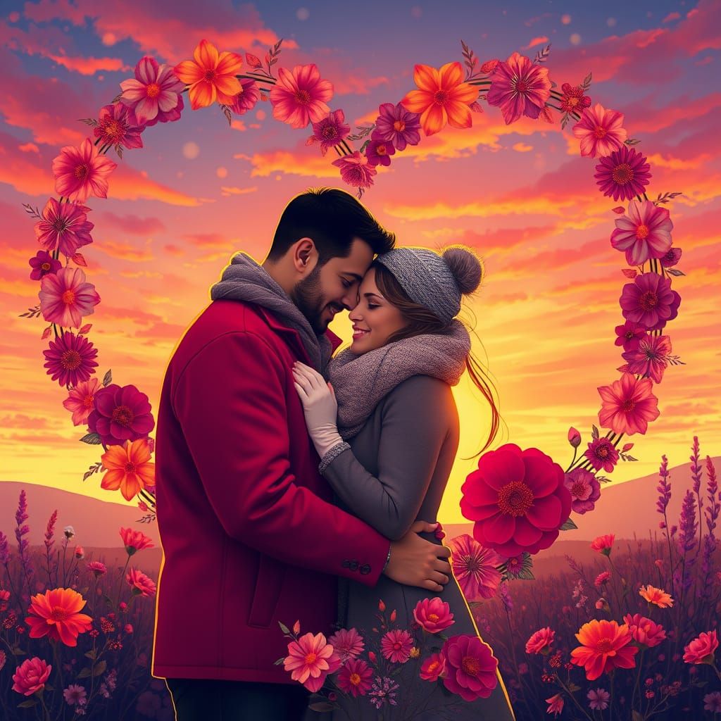 Couple Embracing in Floral Heart at Sunset
