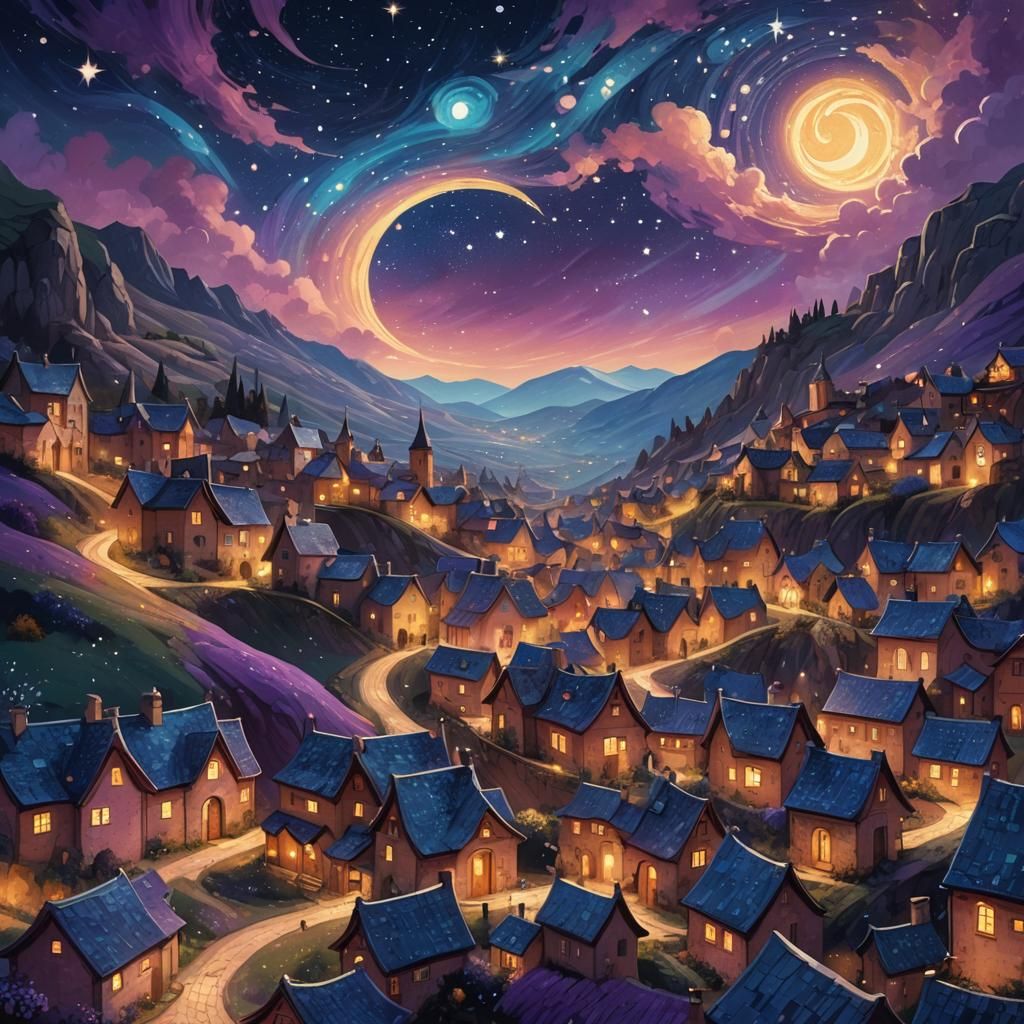 Dreamlike Starry Night: Whimsical Village Under Swirling Sky