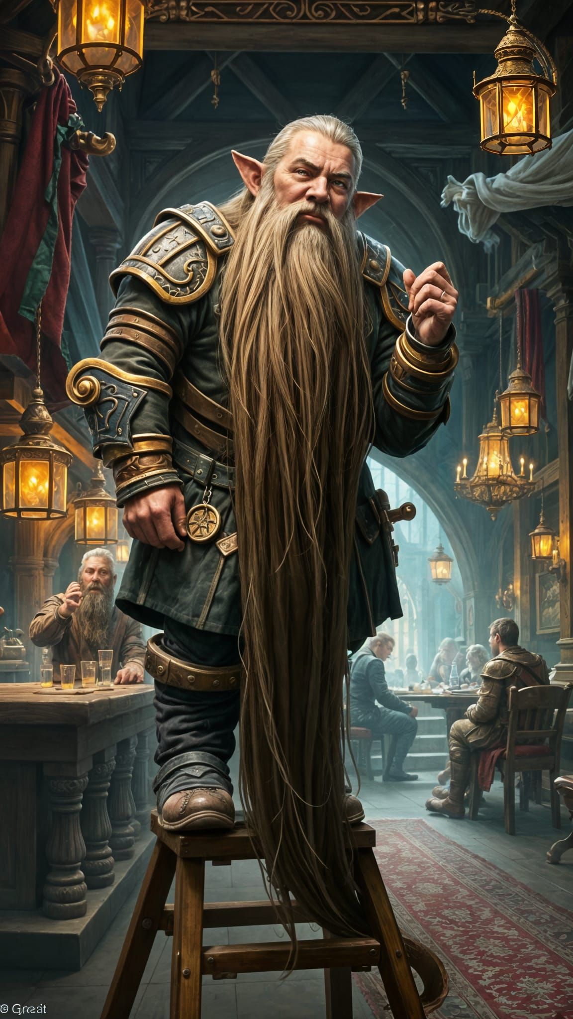 Dwarf with Floor-Length Beard in Tavern, Fantasy Art