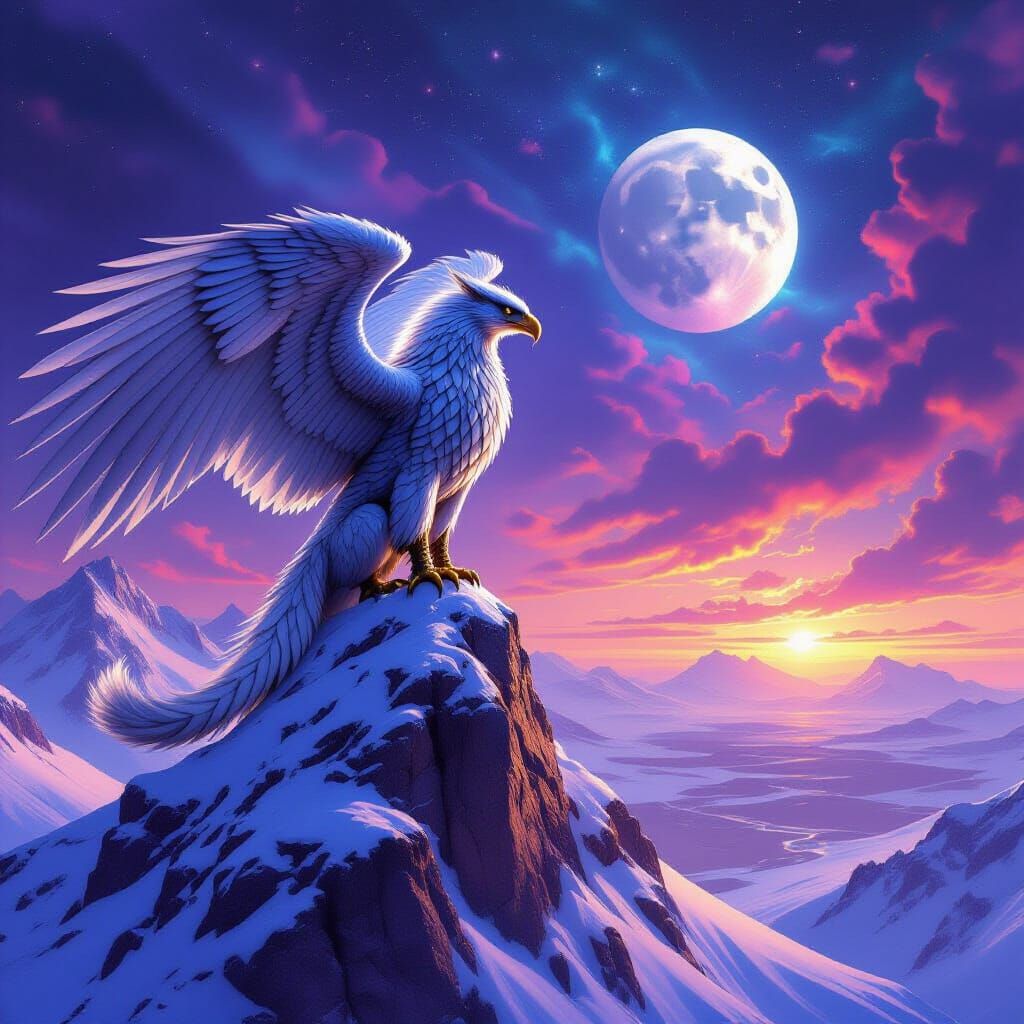 Majestic Griffin on Mountain Peak Over Alien Desert