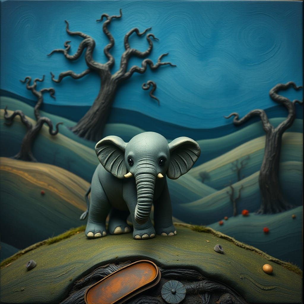 Mysterious Clay Elephant in Whimsical Wasteland