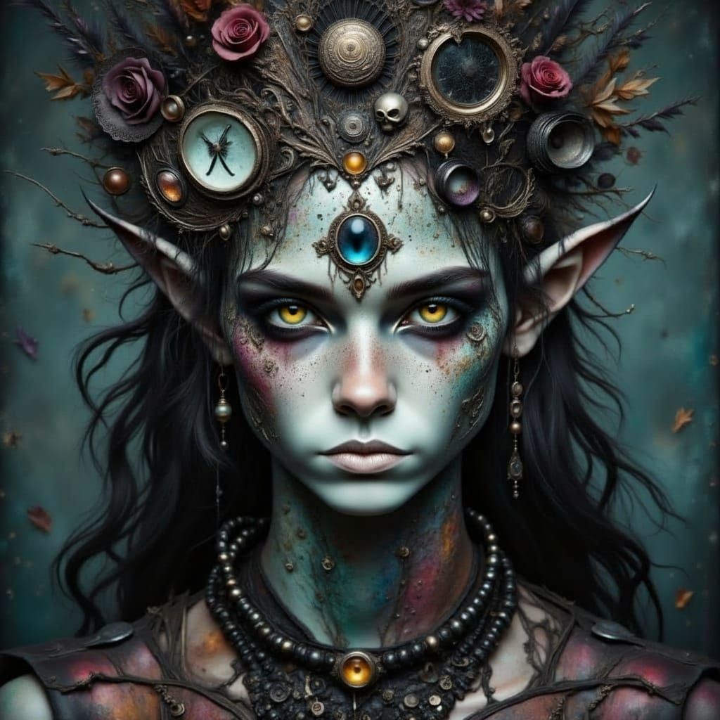 Gothic Fairy Portrait in Rainbow Pastels and Black