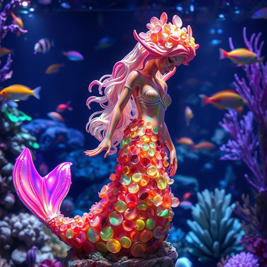 Ethereal Mermaid Sculpture in Vibrant Seashell and Aquarium...