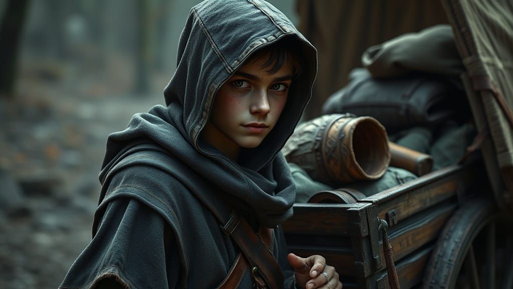 Medieval Fantasy Scene: Young Man Loads Wagon with Belonging...