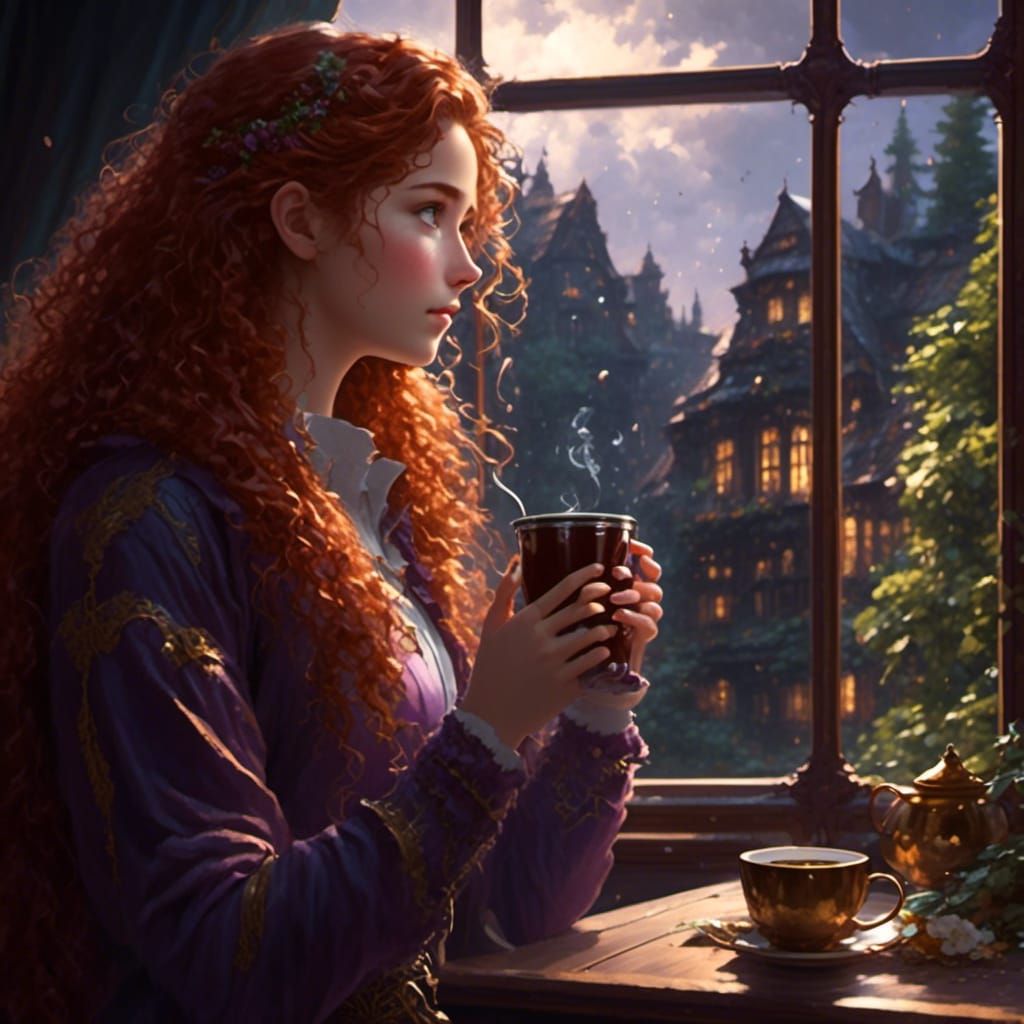 Anime Girl Watching Thunderstorm with Hot Chocolate