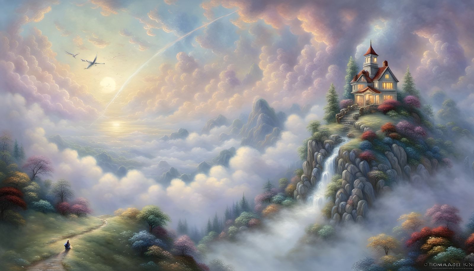 Ethereal Figure Falling from Clouds in Fantasy Art