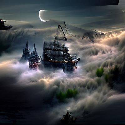 Ghost Pirate Ship Sails on Dark Sea