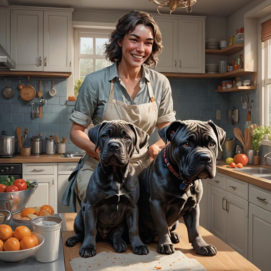Woman with Cane Corso Puppies, Digital Art Portrait