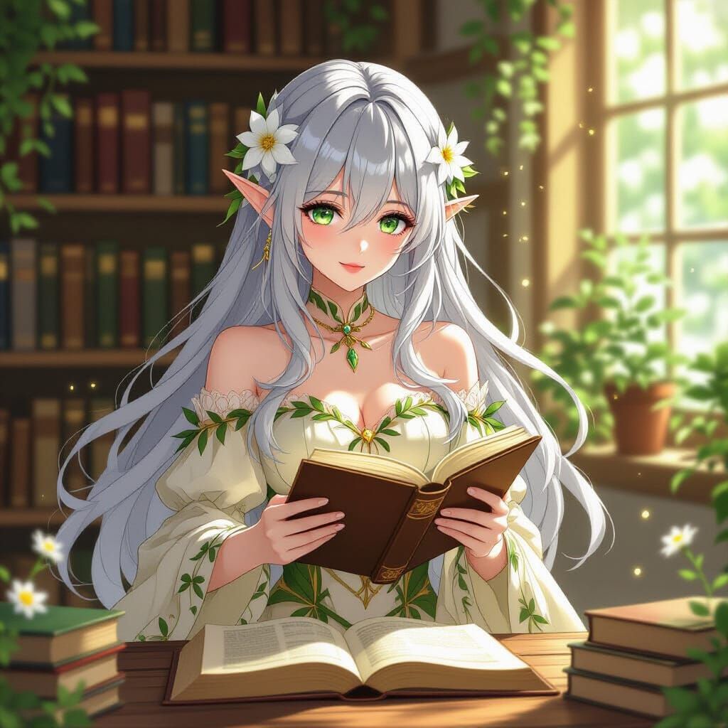 Elegant Anime Woman Reading in Fantasy Setting