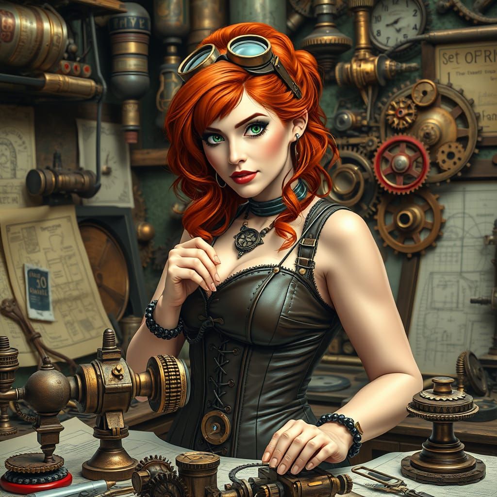 Steampunk Inventor in Victorian Era Workshop
