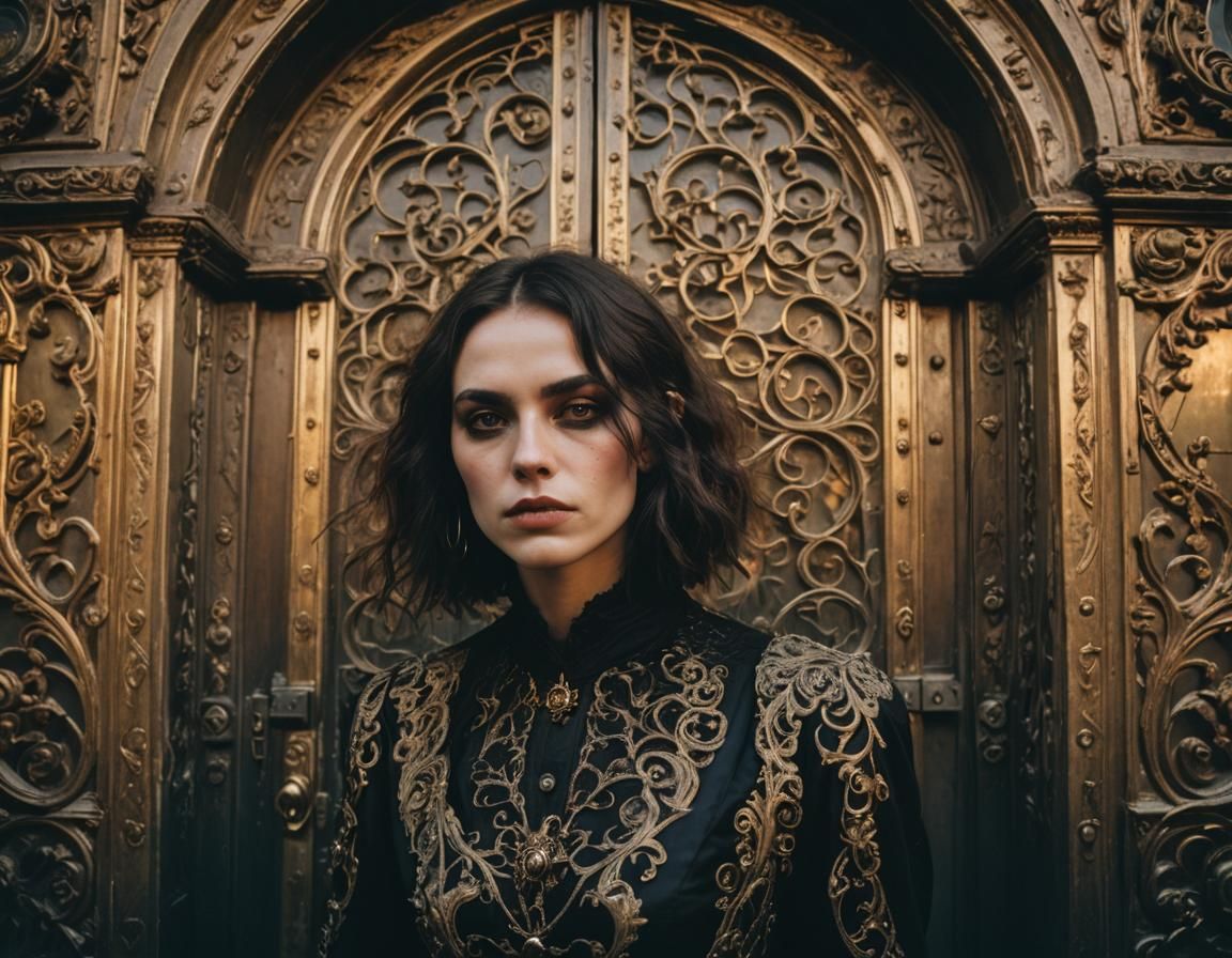 Gothic Portrait Before Ornate Doors in Golden Light