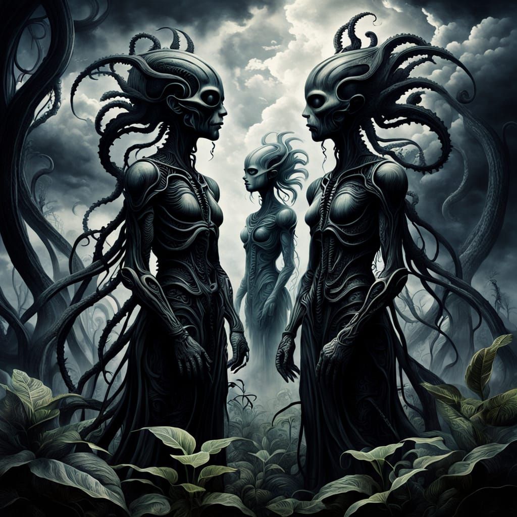 Surreal Figures in Shadowy, Alien Landscape